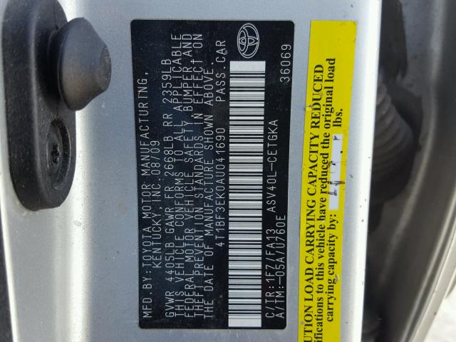 4T1BF3EK0AU041690 - 2010 TOYOTA CAMRY BASE SILVER photo 10