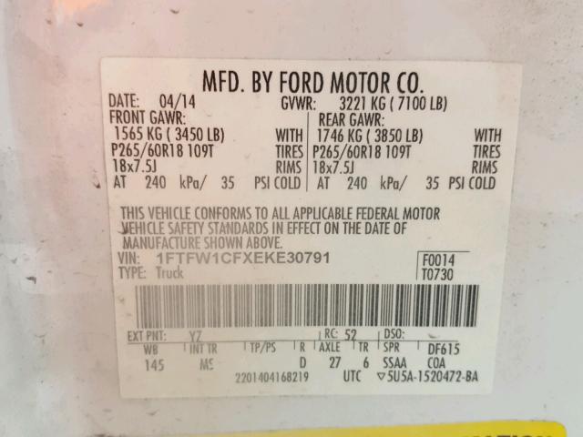 1FTFW1CFXEKE30791 - 2014 FORD F150 SUPER WHITE photo 10