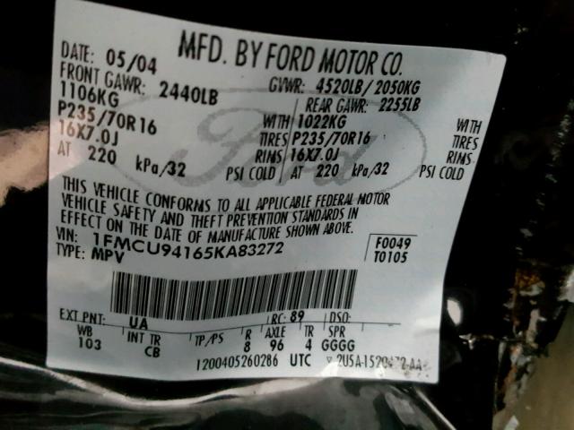 1FMCU94165KA83272 - 2005 FORD ESCAPE LIM BLACK photo 10