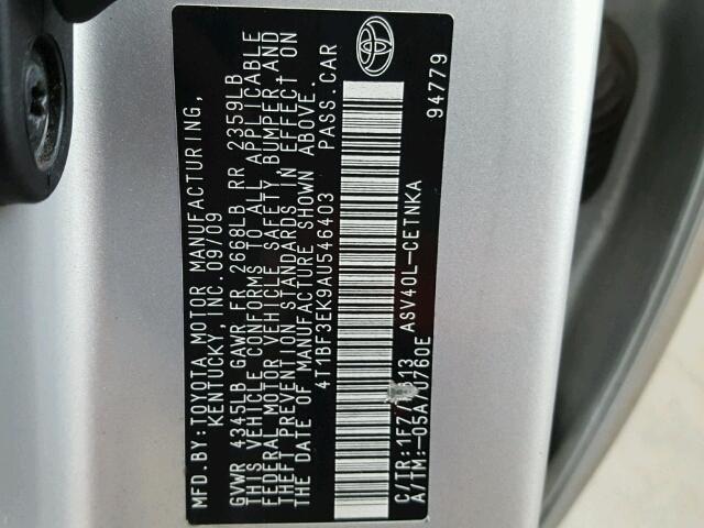 4T1BF3EK9AU546403 - 2010 TOYOTA CAMRY BASE ვერცხლისფერი ფოტო 10