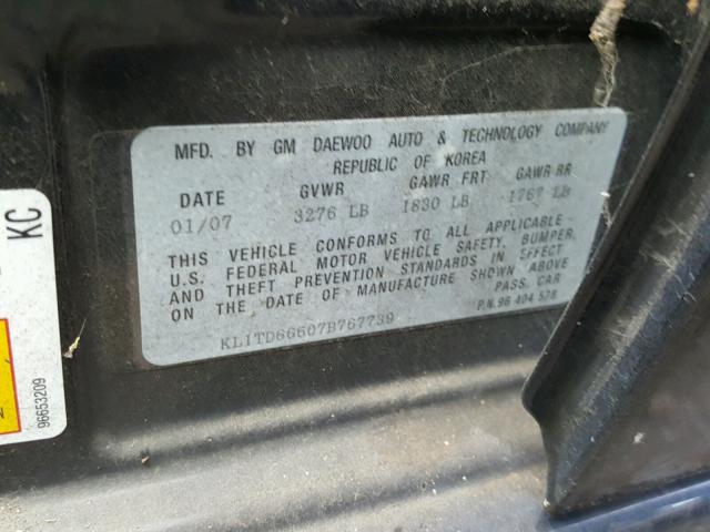 KL1TD66607B767739 - 2007 CHEVROLET AVEO BASE Czarny zdjęcie 10