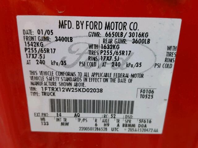 1FTRX12W25KD02038 - 2005 FORD F150 RED photo 10