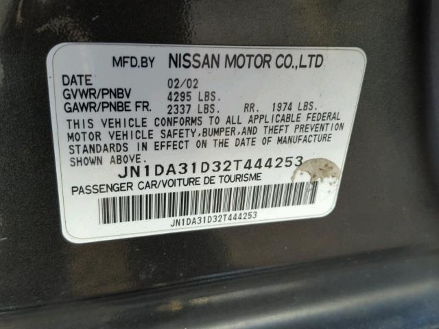 JN1DA31D32T444253 - 2002 NISSAN MAXIMA GLE GRAY photo 10