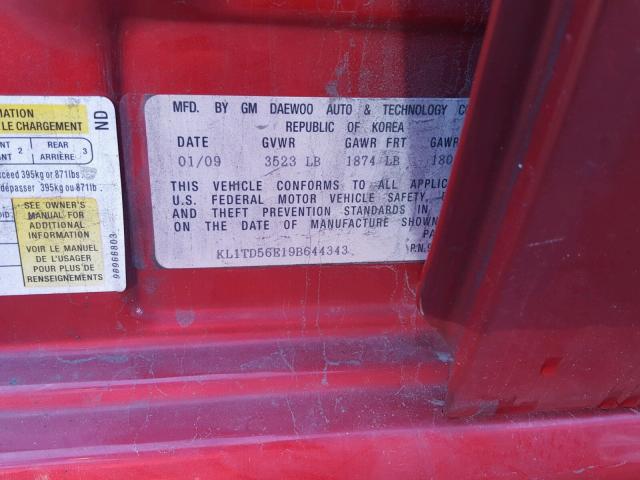 KL1TD56E19B644343 - 2009 CHEVROLET AVEO LS RED photo 10