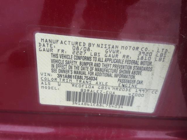 3N1AB61E88L754034 - 2008 NISSAN SENTRA 2.0 RED photo 10