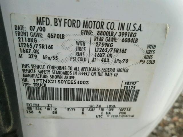 1FTNX21S0YEE54003 - 2000 FORD F250 SUPER WHITE photo 10