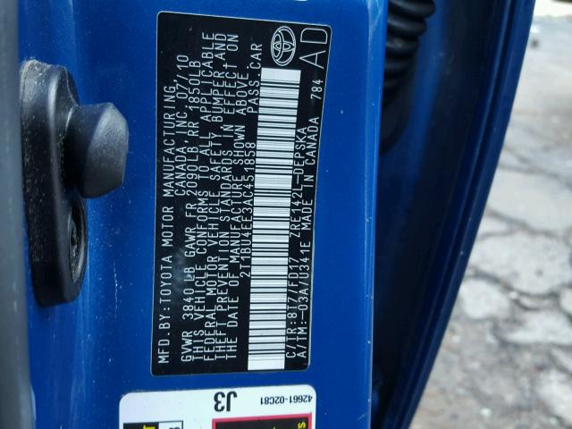 2T1BU4EE3AC451858 - 2010 TOYOTA COROLLA BA BLUE photo 10