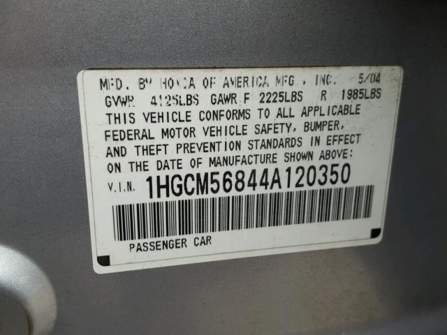 1HGCM56844A120350 - 2004 HONDA ACCORD EX SILVER photo 10