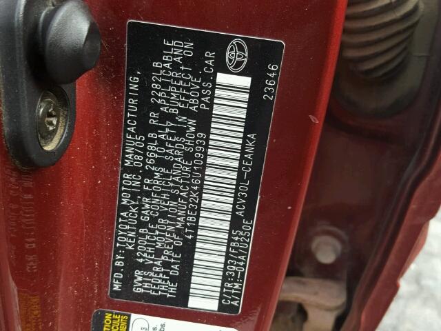 4T1BE32K46U109939 - 2006 TOYOTA CAMRY LE მუქწითელი ფოტო 10