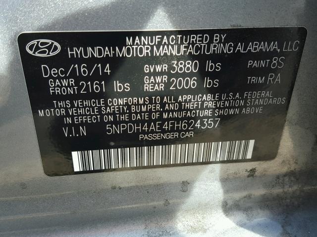 5NPDH4AE4FH624357 - 2015 HYUNDAI ELANTRA SE GRAY photo 10