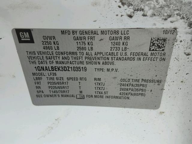 1GNALBEK3DZ103519 - 2013 CHEVROLET EQUINOX LS WHITE photo 10