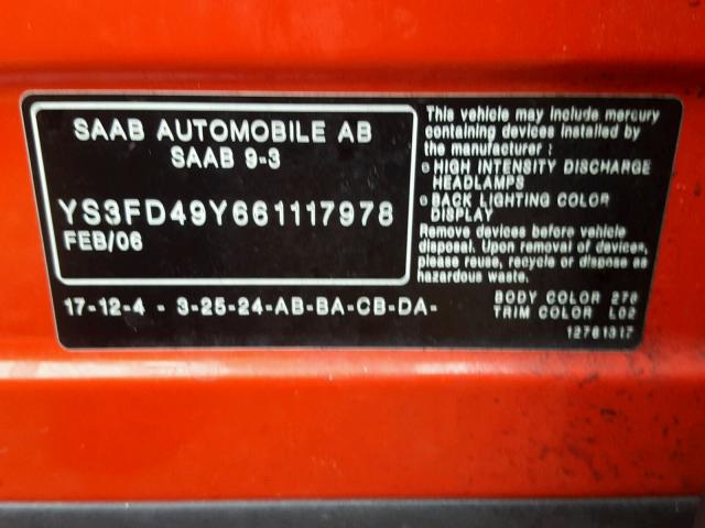 YS3FD49Y661117978 - 2006 SAAB 9-3 BASE RED photo 10