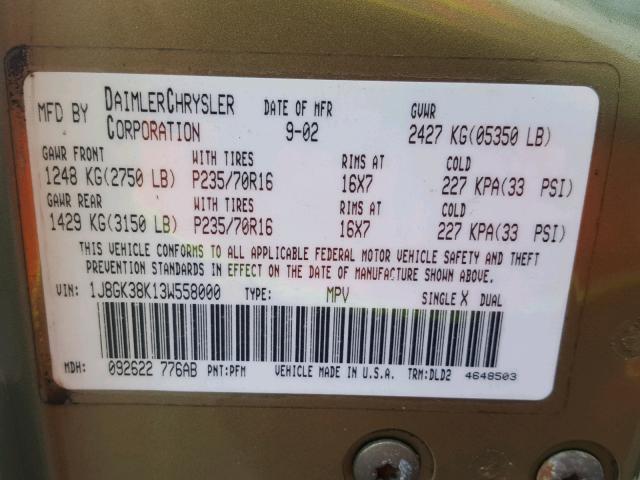 1J8GK38K13W558000 - 2003 JEEP LIBERTY RE 绿色 照片 10