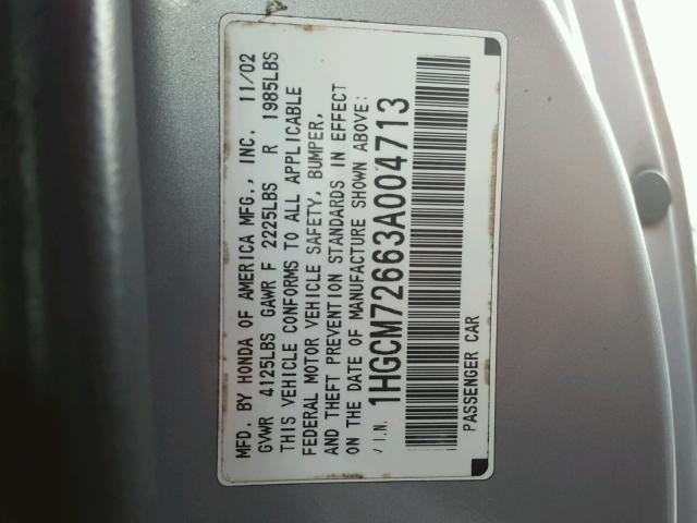 1HGCM72663A004713 - 2003 HONDA ACCORD EX SILVER photo 10