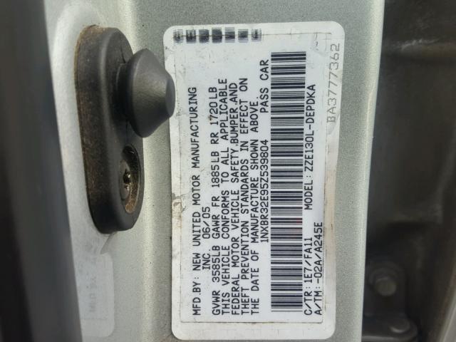 1NXBR32E95Z539804 - 2005 TOYOTA COROLLA CE SILVER photo 10