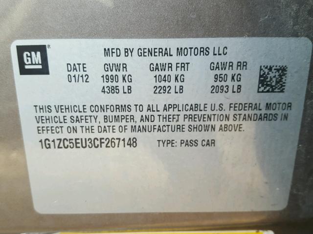 1G1ZC5EU3CF267148 - 2012 CHEVROLET MALIBU 1LT GRAY photo 10