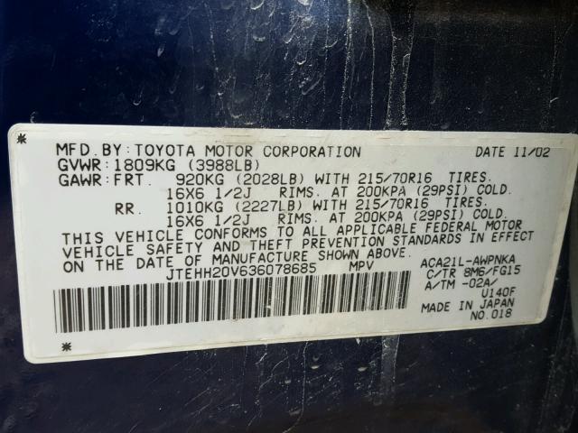 JTEHH20V636078685 - 2003 TOYOTA RAV4 BLUE photo 10