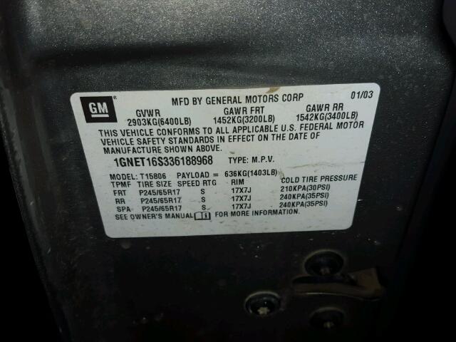 1GNET16S336188968 - 2003 CHEVROLET TRAILBLAZE GRAY photo 10