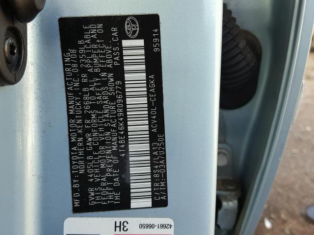 4T4BE46K49R096779 - 2009 TOYOTA CAMRY BASE BLUE photo 10