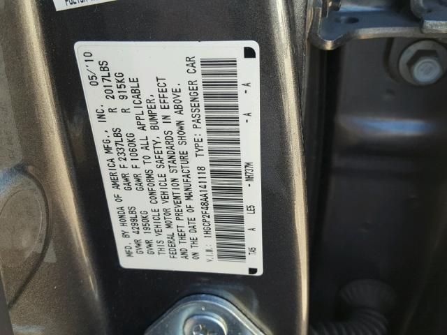 1HGCP2F48AA141118 - 2010 HONDA ACCORD LXP GRAY photo 10