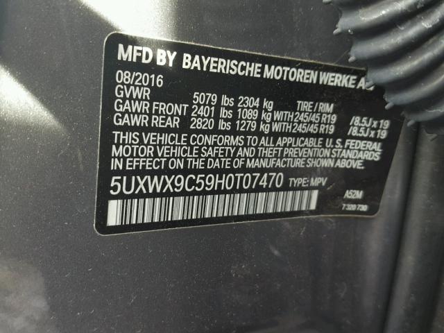 5UXWX9C59H0T07470 - 2017 BMW X3 XDRIVE2 GRAY photo 10