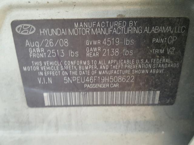 5NPEU46F19H508622 - 2009 HYUNDAI SONATA SE TAN photo 10