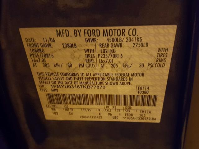 1FMYU03167KB77870 - 2007 FORD ESCAPE XLT BLUE photo 10