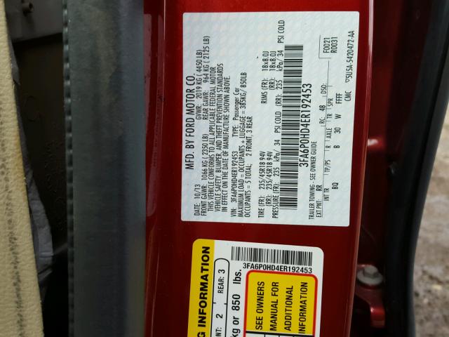 3FA6P0HD4ER192453 - 2014 FORD FUSION SE RED photo 10