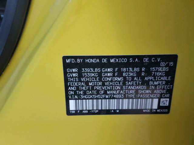 3HGGK5H52FM774893 - 2015 HONDA FIT LX YELLOW photo 10