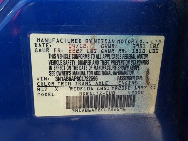 3N1AB6AP8CL722596 - 2012 NISSAN SENTRA 2.0 BLUE photo 10