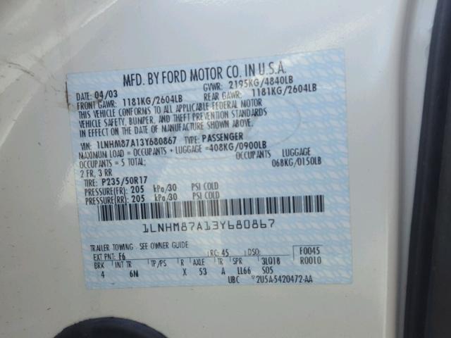 1LNHM87A13Y680867 - 2003 LINCOLN LS 白色 照片 10