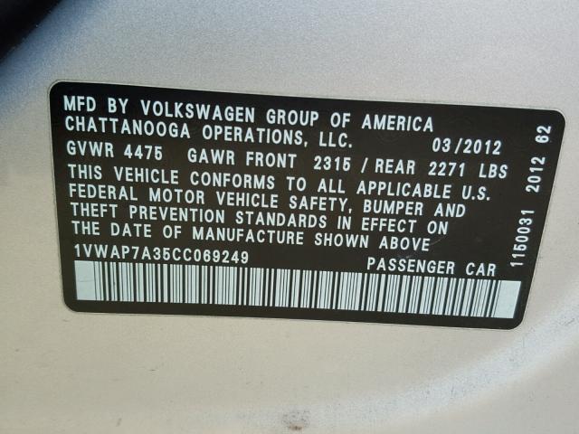 1VWAP7A35CC069249 - 2012 VOLKSWAGEN PASSAT S فضي صورة 10