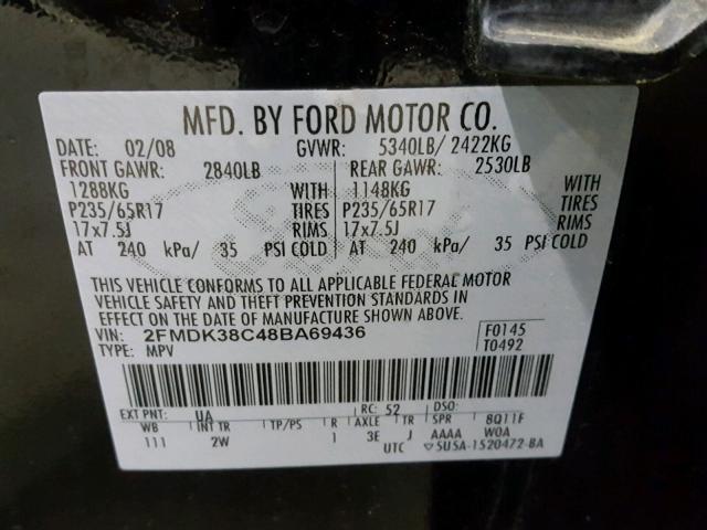 2FMDK38C48BA69436 - 2008 FORD EDGE SEL BLACK photo 10