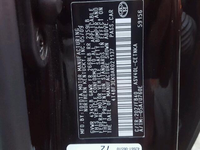 4T4BF3EK0AR021137 - 2010 TOYOTA CAMRY BASE BLACK photo 10