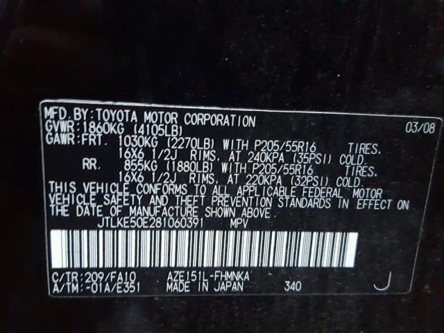 JTLKE50E281060391 - 2008 TOYOTA SCION BLACK photo 10