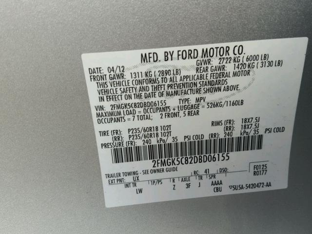 2FMGK5C82DBD06155 - 2013 FORD FLEX SEL SILVER photo 10