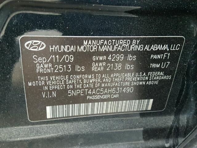 5NPET4AC5AH631490 - 2010 HYUNDAI SONATA GLS BLACK photo 10