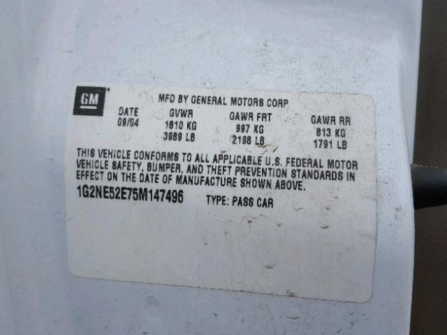 1G2NE52E75M147496 - 2005 PONTIAC GRAND AM S Ağ foto 10