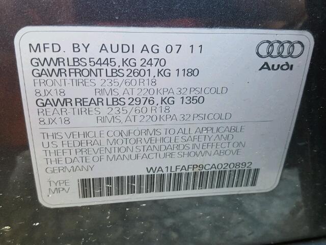 WA1LFAFP9CA020892 - 2012 AUDI Q5 PREMIUM CHARCOAL photo 10