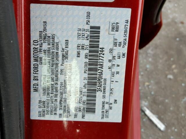 3FAHP0HA7AR177244 - 2010 FORD FUSION SE RED photo 10