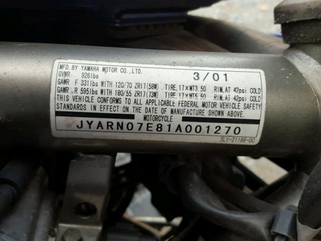 JYARN07E81A001270 - 2001 YAMAHA FZS10 BLUE photo 10