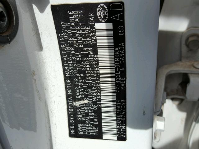 2T1KR32E47C665766 - 2007 TOYOTA COROLLA MA WHITE photo 10