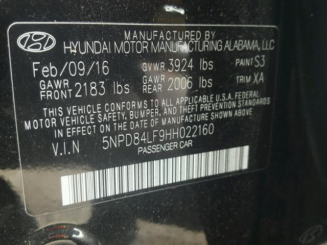 5NPD84LF9HH022160 - 2017 HYUNDAI ELANTRA BLACK photo 10