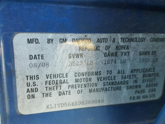 KL1TD56EX9B369040 - 2009 CHEVROLET AVEO LS BLUE photo 10