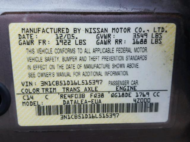 3N1CB51D16L515397 - 2006 NISSAN SENTRA 1.8 GRAY photo 10