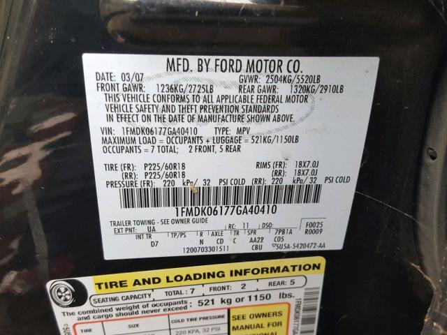 1FMDK06177GA40410 - 2007 FORD FREESTYLE BLACK photo 10