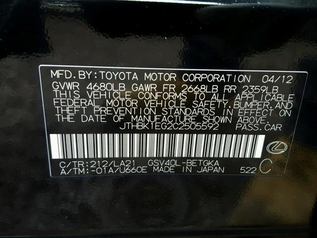 JTHBK1EG2C2505592 - 2012 LEXUS ES 350 BLACK photo 10