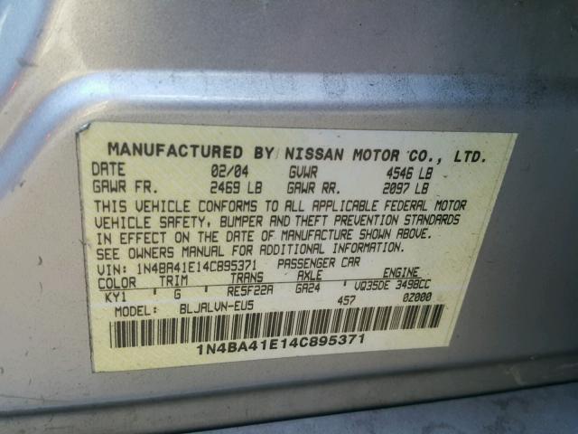 1N4BA41E14C895371 - 2004 NISSAN MAXIMA SE SILVER photo 10