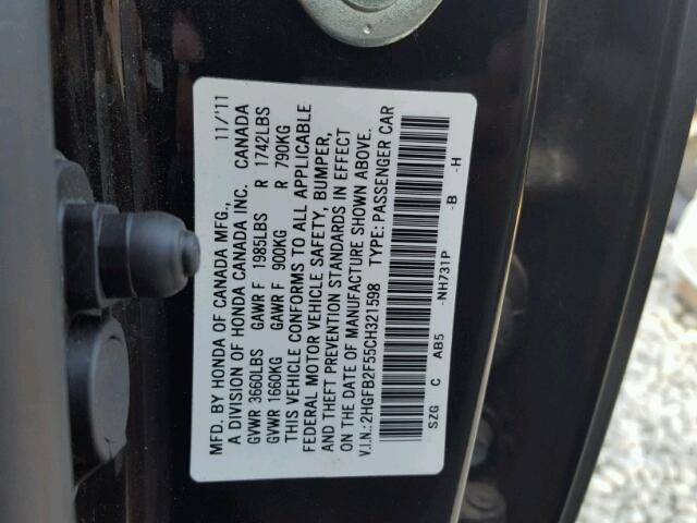 2HGFB2F55CH321598 - 2012 HONDA CIVIC LX BLACK photo 10