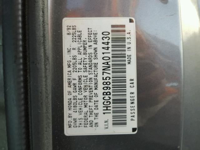 1HGCB9857NA014430 - 1992 HONDA ACCORD LX GRAY photo 10